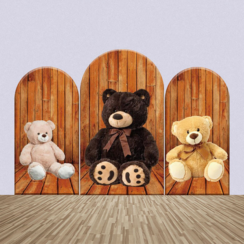 Lofaris Wooden Floor Teddy Bears Birthday Arch Backdrop Kit