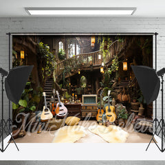 Lofaris Wooden House Guitar Leaves Indoor Photo Backdrop
