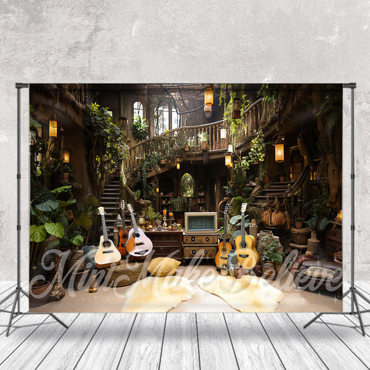 Lofaris Wooden House Guitar Leaves Indoor Photo Backdrop