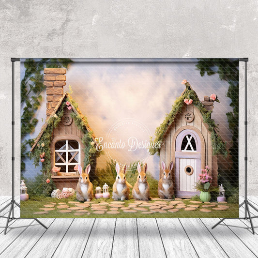 Lofaris Wooden House Rabbit Floral Lawn Easter Backdrop