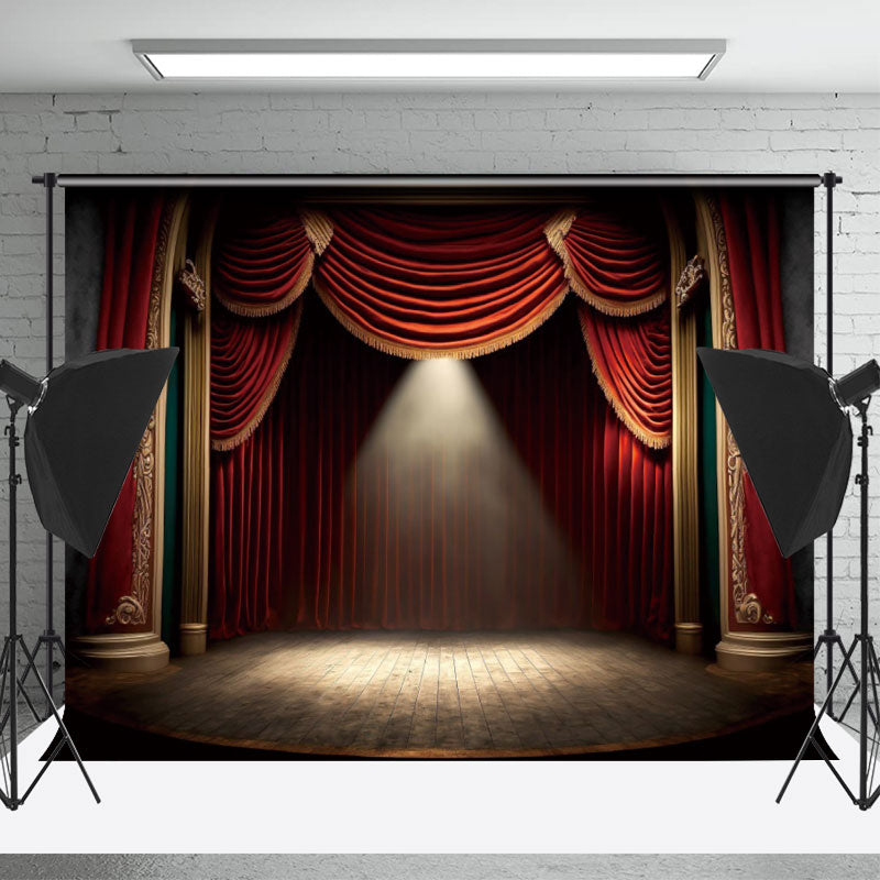 Lofaris Wooden Stage Red Curtain Light Photo Booth Backdrop
