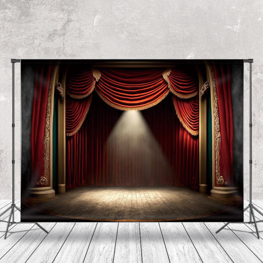 Lofaris Wooden Stage Red Curtain Light Photo Booth Backdrop