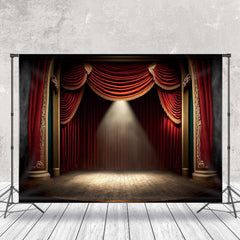 Lofaris Wooden Stage Red Curtain Light Photo Booth Backdrop