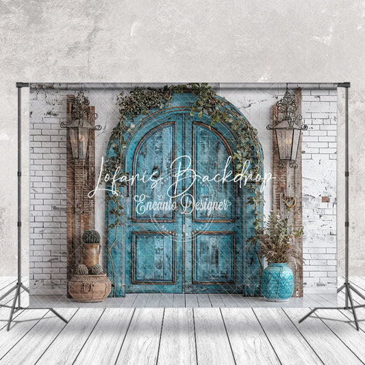 Lofaris Wooden Teal Arch Door Brick Wall Wedding Backdrop