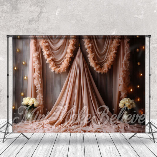 Lofaris Wooden Wall Pink Gauze White Rose Floral Backdrop