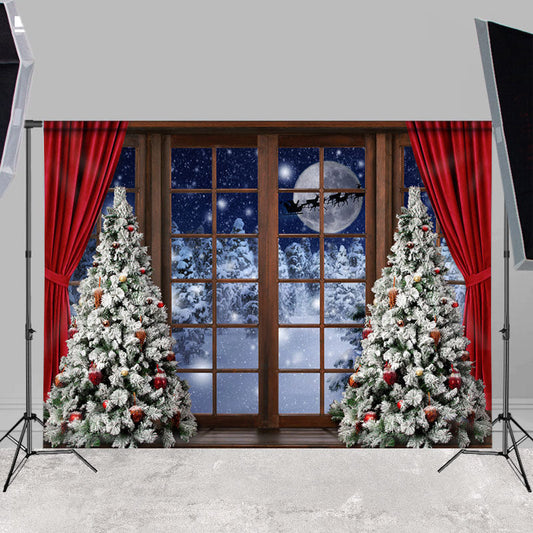Lofaris Wooden Window And Moon White Snowtree Winter Backdrop