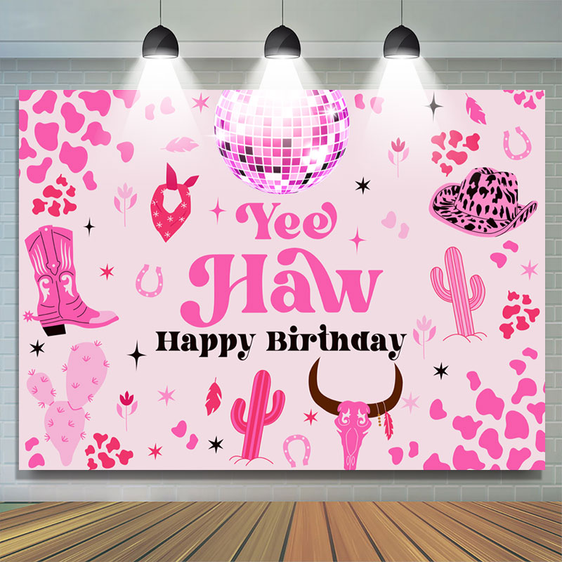 Lofaris Yee Haw Pink Cactus Spots Cowgirl Birthday Backdrop