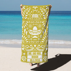Lofaris Yellow Fiesta Custom Name Couple Beach Towel