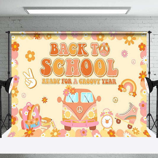 Lofaris Yellow Floral Car Groovy Back To School Backdrop