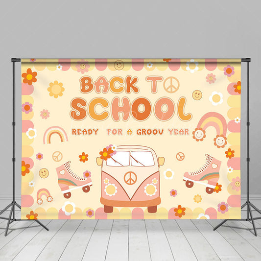 Lofaris Yellow Floral Sun Car Groovy Back To School Backdrop