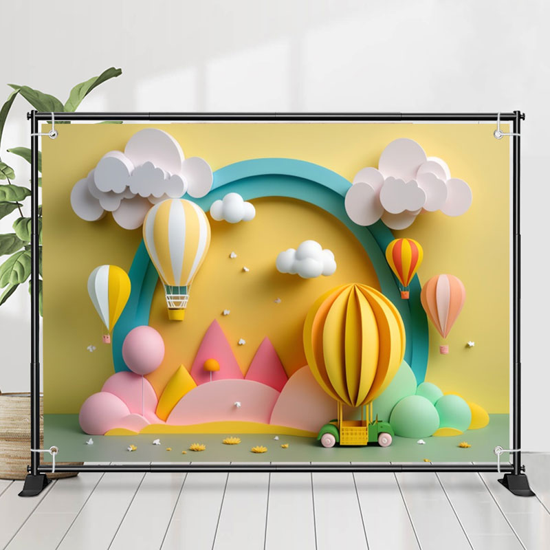 Lofaris Yellow Hot Air Balloon Cloud Arch Birthday Backdrop