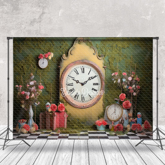 Lofaris Yellow Retro Clock Grass Wall Spring Photo Backdrop