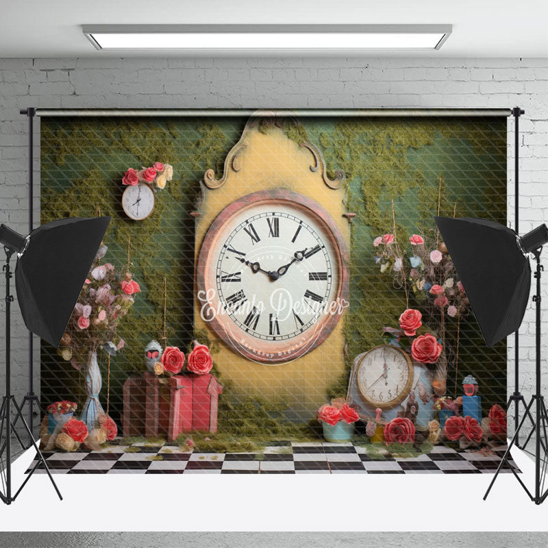 Yellow Retro Clock Grass Wall Spring Photo Backdrop - Lofaris