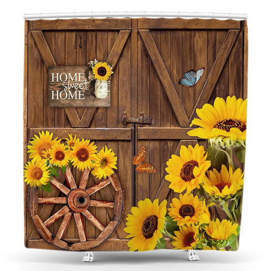 Lofaris Yellow Sunflower Wood Door Butterfly Shower Curtain