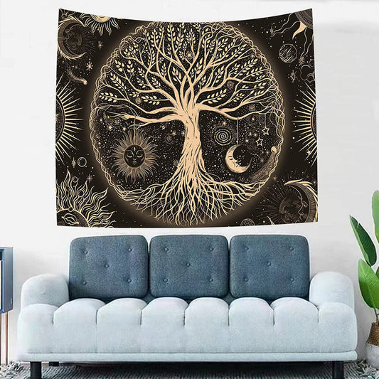 Lofaris Yellow Tree Moon Sun Stars Galaxy Wall Tapestry