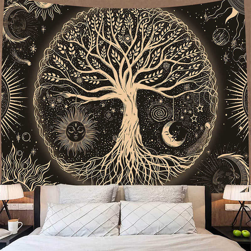 Lofaris Yellow Tree Moon Sun Stars Galaxy Wall Tapestry