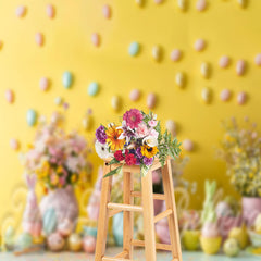 Lofaris Yellow Wall Floral Gold Eggs Photo Easter Backdrop