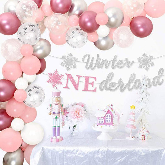 Lofaris 105 Pack Snow Party Balloon Arch Kit | DIY Decorations - Pink | Blue
