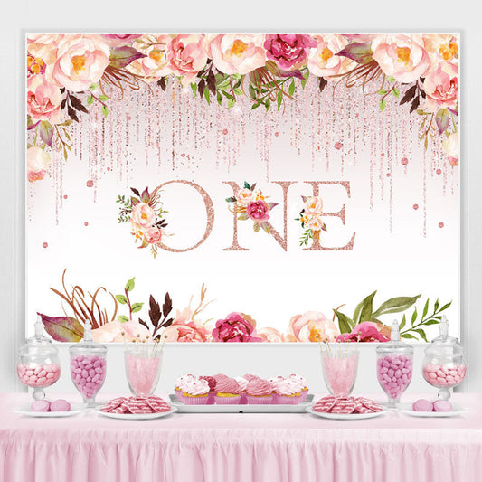 Lofaris 1st Birthday Pink Floral Glitter Party Backdrop for Girls