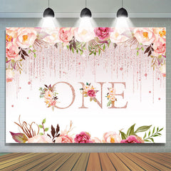 Lofaris 1st Birthday Pink Floral Glitter Party Backdrop for Girls