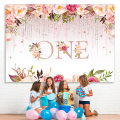 Lofaris 1st Birthday Pink Floral Glitter Party Backdrop for Girls