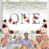 Load image into Gallery viewer, Lofaris 1st Burgundy Floral Glitter Silver First Birthday Backdrop