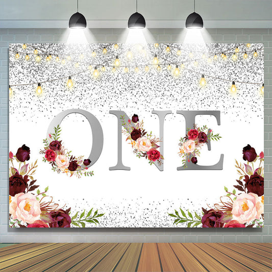Lofaris 1st Burgundy Floral Glitter Silver First Birthday Backdrop