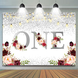 Load image into Gallery viewer, Lofaris 1st Burgundy Floral Glitter Silver First Birthday Backdrop