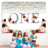 Load image into Gallery viewer, Lofaris 1st Burgundy Floral Glitter Silver First Birthday Backdrop