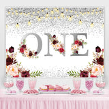 Load image into Gallery viewer, Lofaris 1st Burgundy Floral Glitter Silver First Birthday Backdrop