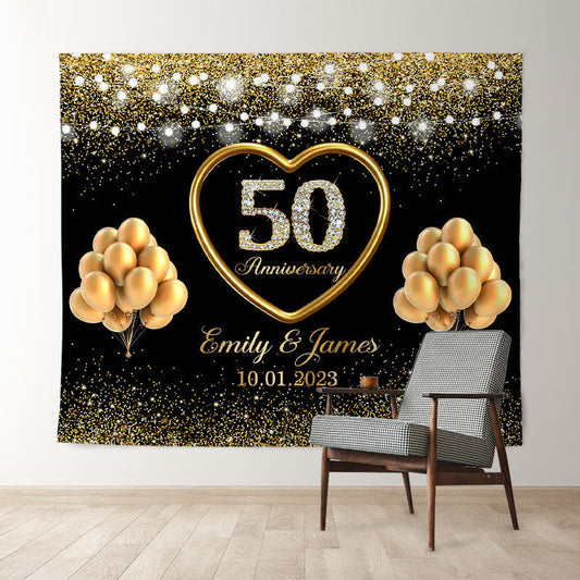 Lofaris 50th Anniversary Gold Glitter Balloon Black Backdrop for Wedding