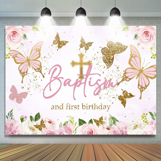 Lofaris Pink Gold Butterfly Baptism First Birthday Backdrop