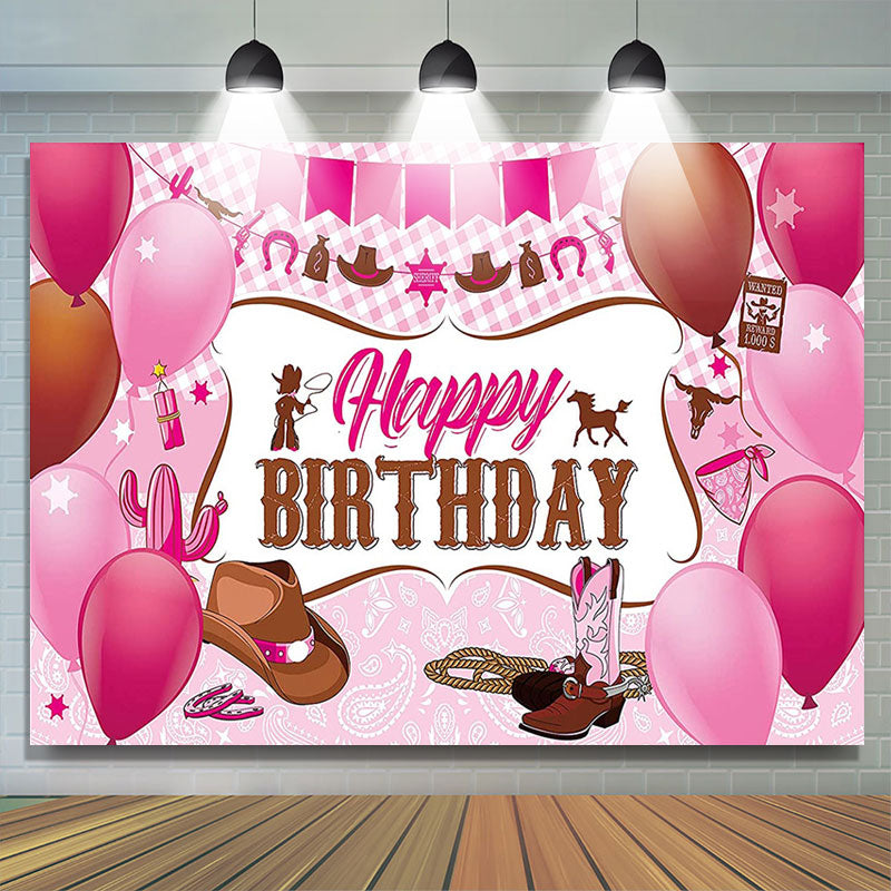 Lofaris Pink Plaid Balloon Cowgirl Happy Birthday Backdrop