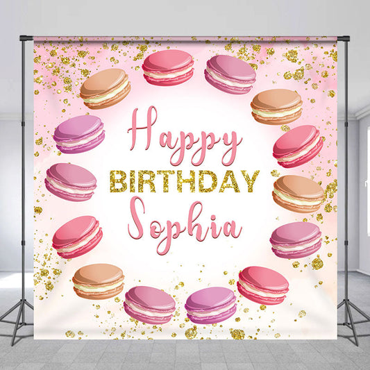 Lofaris Custom Name Pink Macarons Happy Birthday Backdrop