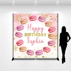 Lofaris Custom Name Pink Macarons Happy Birthday Backdrop