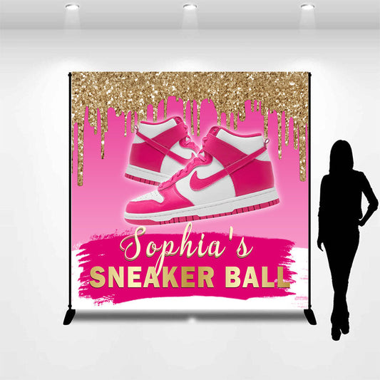 Lofaris Custom Name Pink Glitter Sneaker Ball Party Backdrop