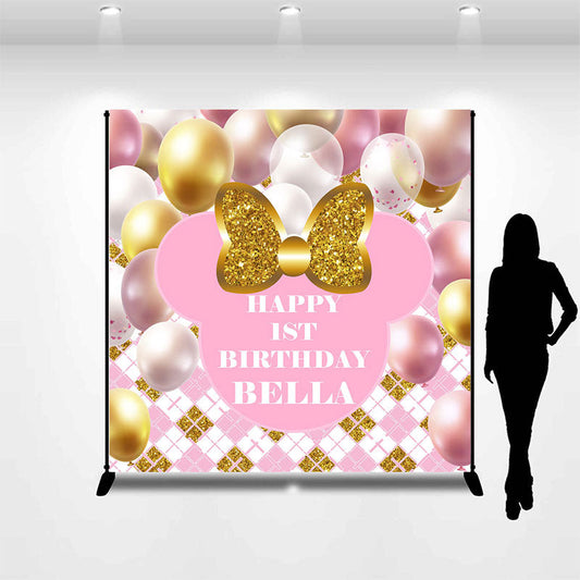 Lofaris Pink Balloon Mouse Custom Name 1st Birthday Backdrop
