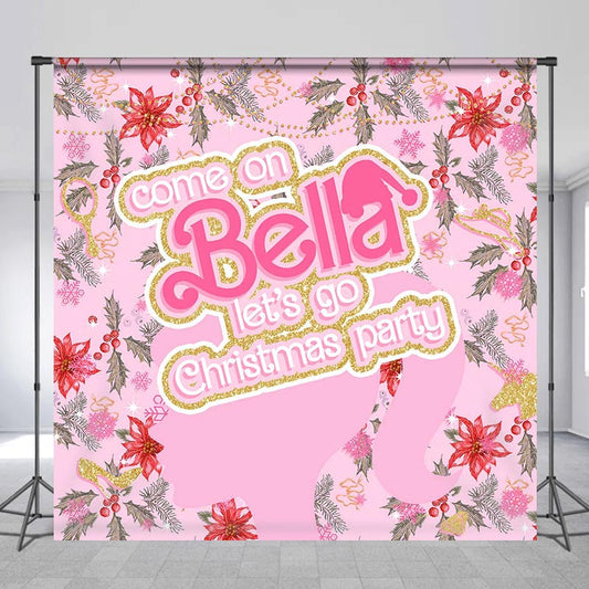 Lofaris Custom Name Pink Girl Floral Christmas Backdrop