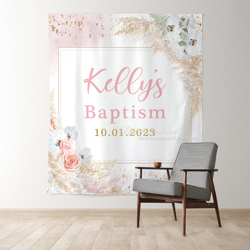 Lofaris Pink And White Floral Baptism Baby Shower Backdrop