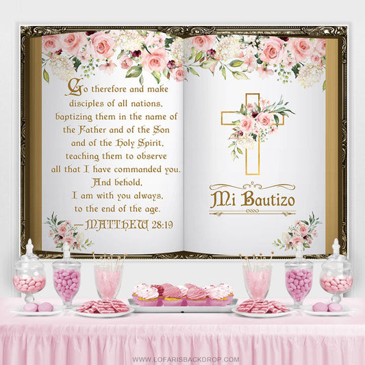 Lofaris Floral Mi Bautizo Theme Christening Backdrop For Baby