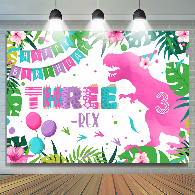 Lofaris Pink Dinosaur Three Happy Birthday Backdrop For Girl