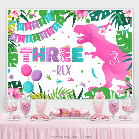 Lofaris Pink Dinosaur Three Happy Birthday Backdrop For Girl