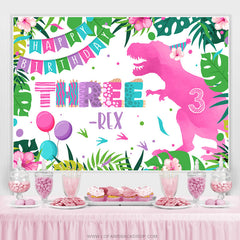 Lofaris Pink Dinosaur Three Happy Birthday Backdrop For Girl