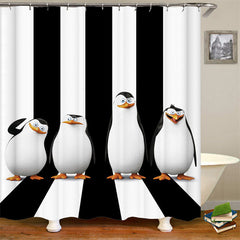 Lofaris Black White Stripe Cute Four Penguins Shower Curtain