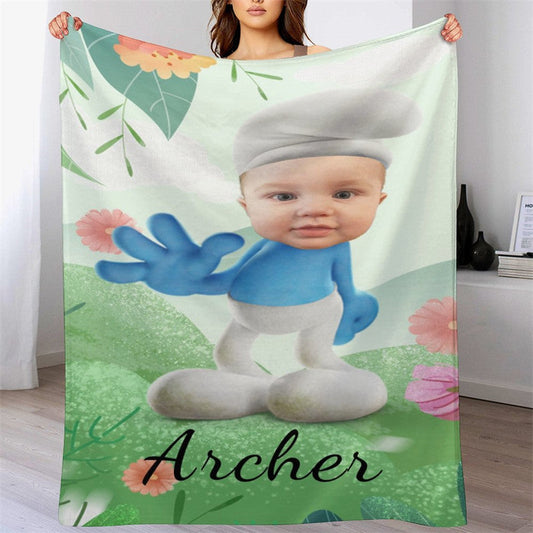 Lofaris Personalized Smurfs Face Green Flower Soft Blanket