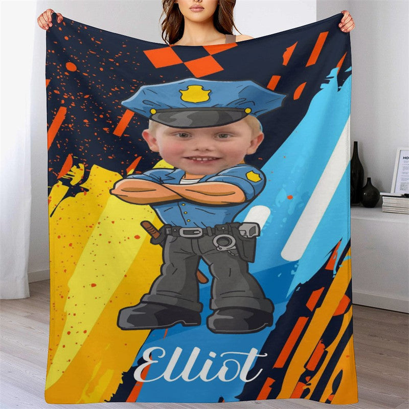 Lofaris Personalized Photo Cartoon Hug Policeman Boy Blanket