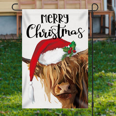 Lofaris Merry Christmas Cow Santa Hat Burlap Garden Flag