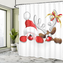 Lofaris Santa And Reindeer White Christmas Shower Curtain