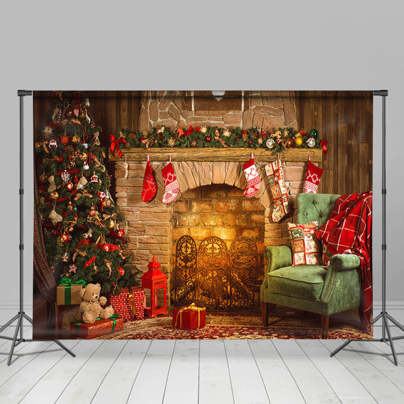 Lofaris Rustic Fireplace Christmas Tree Portrait Backdrop