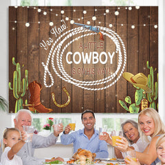 Lofaris A Little Cowboy With Brown Wood Baby Shower Backdrop